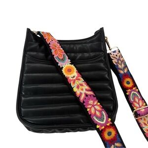 NWT Ah-Dorned Sarah Quilted Faux Leather Messenger Bag Black Embroidered Strap